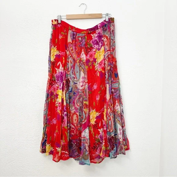 Travel Smith Red Floral Crinkle Chiffon Maxi Skirt Size Large - Picture 1 of 10